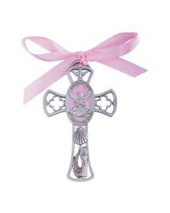 Baptism Angel Pewter Cross with Pink Epoxy and Pink Ribbon