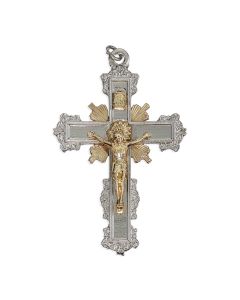 2 inch Silver Finish Baroque Crucifix with Gold-Plated Sunburst and Jesus Corpus