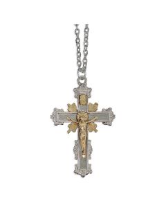 2 inch Silver Finish Baroque Crucifix with Gold-Plated Sunburst and Jesus Corpus on 24" Chain. Boxed