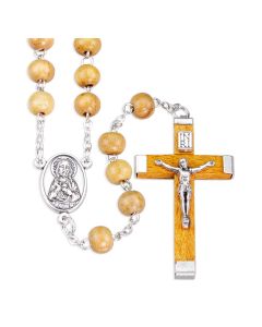 Round Olive Wood Bead Rosary in Grey Velvet Box 21"