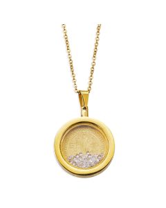 18K Gold Plated Stainless Steel Saint Benedict Medal with Floating Crystals Necklace