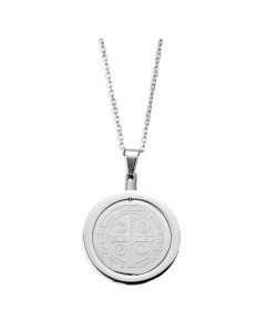 Silver Stainless Steel Saint Benedict Medal with Floating Crystals Necklace