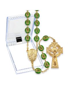 Green Flat Irish Harp Bead Rosary, Boxed