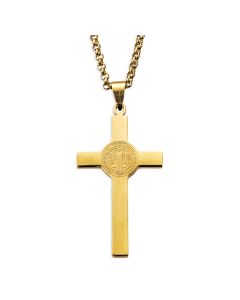Gold Plated Saint Benedict Stainless Steel Medal Cross on a 24" Chain