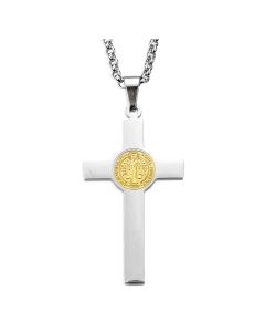 Two Tone Saint Benedict Stainless Steel Medal Cross on a 24" Chain
