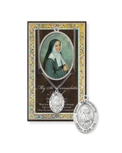 Saint Bernadette Genuine Pewter Medal on a 18" Chain with Biography and Picture Folder