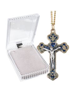 1 3/4" Gold Finished Trinity Crucifix with 4 Evangelist and Blue Epoxy on 18" Chain