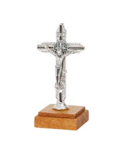 2" Standing St. Benedict Crucifix with Black Epoxy Inlay on a Wood Base