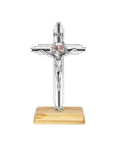 5" Standing Textured Silver St. Benedict Crucifix with Black Epoxy Inlay on a Wood Base
