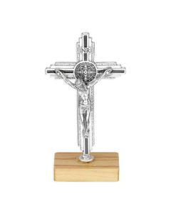 3 3/8" Standing St. Benedict Crucifix with Black Epoxy and Textured Silver on a Wood Base
