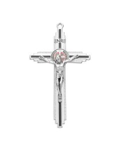 4 3/4" Silver Tone and Textured Silver St. Benedict Step Crucifix with Black Inlay
