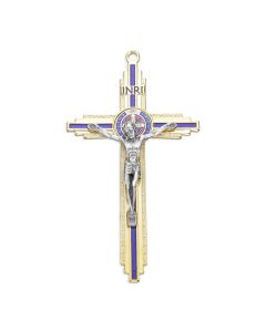 4 3/4" Gold Tone and Textured Gold St. Benedict Step Crucifix with Blue Inlay