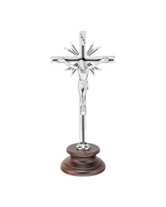 5 1/4"Standing Metal Crucifix with Sunburst and Black Epoxy Inlay on Wood Base