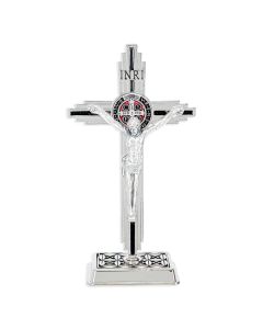 7 3/4" Standing Silver St. Benedict Crucifix on Metal Base with Black Inlay