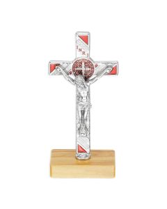 3 3/8" Standing St. Benedict Crucifix with Red Epoxy and Textured Silver on a Wood Base