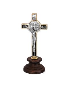 3.5 inch St. Benedict Gold and Nikel Standing Cross with Wood Base
