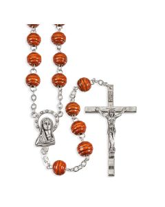 Brown Carved Wood Bead Rosary