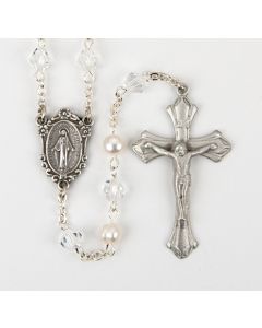6mm Crystal Bead and White Genuine Freshwater Pearl Rosary in a Grey Velvet Box