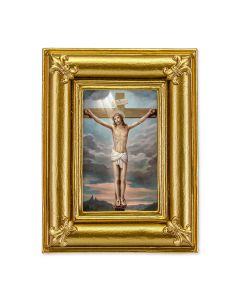 3.5" x 4.5" Gold Frame with Fleur de lis corners  with a Crucifix print- P65 STICKER