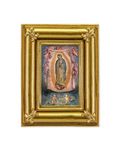 3.5" x 4.5" Gold Frame with Fleur de lis corners  with a Our Lady of Guadalupe with Angels print- P65 STICKEr