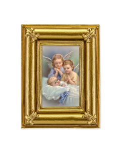 3 1/2" x 4 1/2" Gold Frame with Fleur de lis corners and a Guardian Angel over children print- P65 STICKER