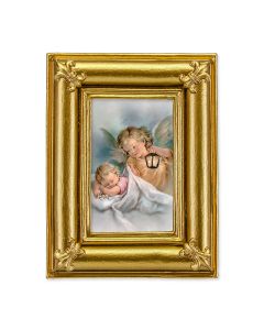 3 1/2" x 4 1/2" Gold Frame with Fleur de lis corners and a Guardian Angel with Lantern print- P65 STICKER