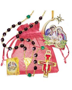 Christmas Rosary Garnet Beads with Green 'Our Father' Beads