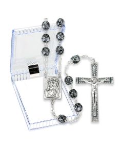 Black and Silver Metallic Glass Fire Polished Bead Rosary, Boxed