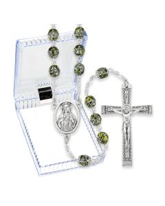 Black and Yellow Metallic Glass Fire Polished Bead Rosary, Boxed