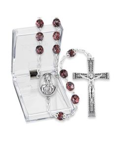 Garnet and Black Metallic Glass Fire Polished Bead Rosary, Boxed