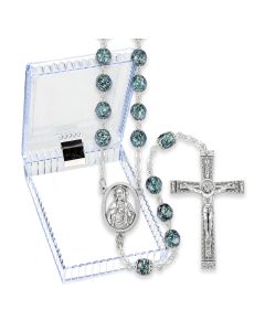 Teal and Silver Metallic Glass Fire Polished Bead Rosary, Boxed
