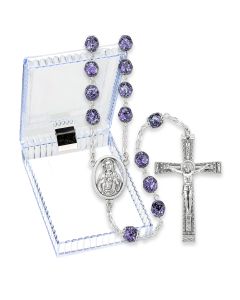 Violet and Silver Metallic Glass Fire Polished Bead Rosary, Boxed