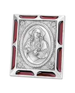 Sacred Heart of Jesus Antique Silver Metal Plaque with Red Accents