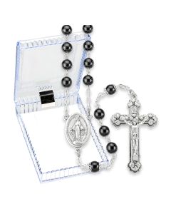 Black Imitation Pearl Glass Bead Rosary, Boxed