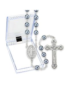 Dark Grey Imitation Pearl Glass Bead Rosary, Boxed