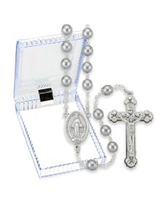 Light Grey Imitation Pearl Glass Bead Rosary, Boxed