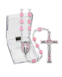 Pink Granite Glass Bead Rosary, Boxed