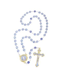 Light Blue Pearl Bead Rosary with Gold Rimmed Silver Ox Miraculous Medal Centerpiece and Gold Finished Latin Style Crucifix, Boxed
