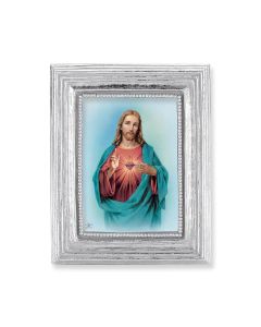 3 3/4" x 4 1/2" Silver Frame with a Sacred Heart Print-P65
