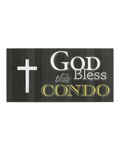 4 3/4" x 3 7/8" Wooden Plaque - God Bless this Condo with Pewter Cross Applique