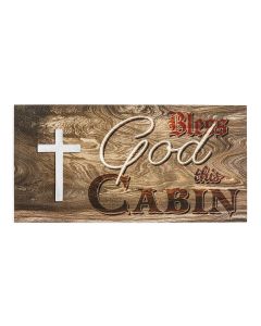 4 3/4" x 3 7/8" Wooden Plaque - God Bless this Cabin with Pewter Cross Applique