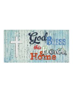4 3/4" x 3 7/8" Wooden Plaque - God Bless This Beach Home with Pewter Cross Applique
