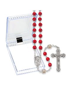6mm Red Polished Glass Bead with Pearl Our Father Beads Boxed