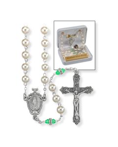 Deluxe August Birthstone Imitation Pearl and Peridot Rosary