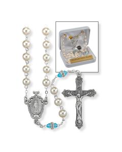 Deluxe March Birthstone Imitation Pearl and Aqua Rosary