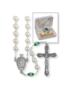 Deluxe May Birthstone Imitation Pearl and Emerald Rosary