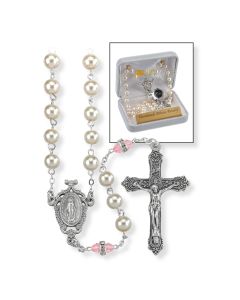Deluxe October Birthstone Imitation Pearl and Rose Rosary
