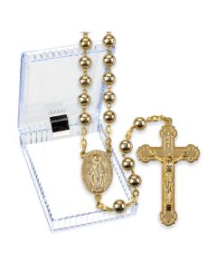 Gold Finished Metal Bead Rosary, Boxed