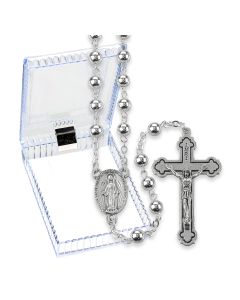 Silver Finished Metal Bead Rosary, Boxed