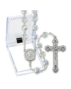 Aurora Glass Heart Shaped Bead Rosary, Boxed